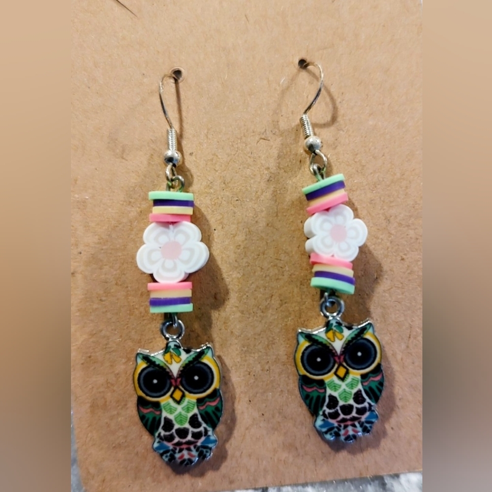 Owl Earrings-Colorful owl-themed earrings with floral accents.